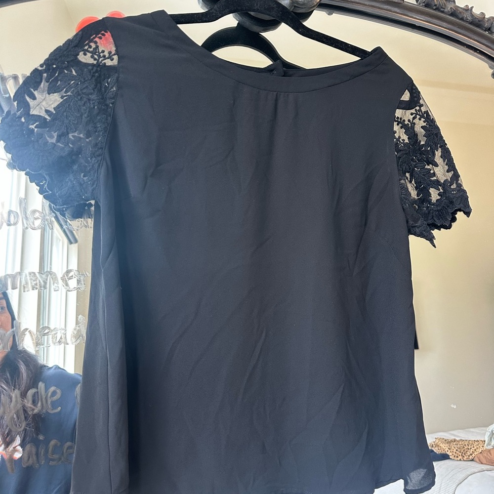 Lush Black Blouse with Lace Short Sleeves